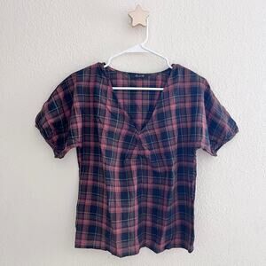 Madewell Plaid Gathered V-Neck Fuller Plaid Puff Sleeve Top Size XS